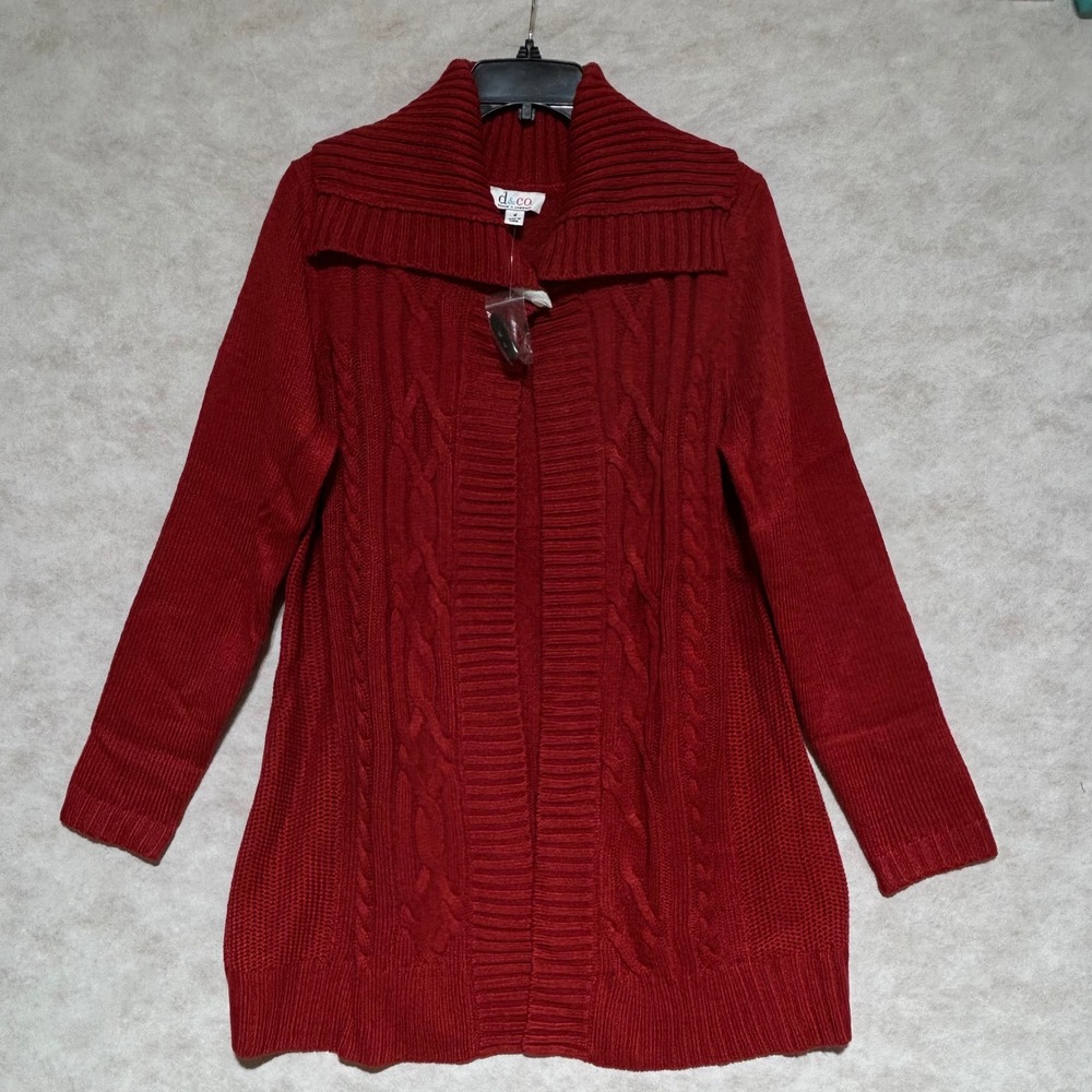 Denim & Co Deep Red Cable Knit Open Front Cardigan Shawl Collar Sweater M